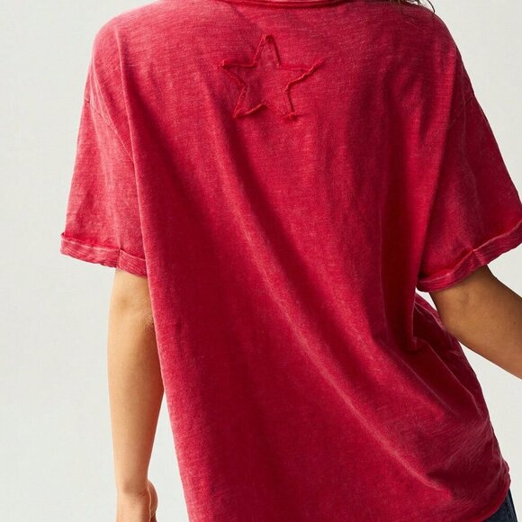 Red Casual Women's Star Pattern Round Neck Short Sleeve Loose Washing T-Shirt - Picture 7 of 7